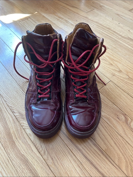 John Fluevog Shoes - John Fluevog Burgundy Patent Lace-Up Boots with Red Laces